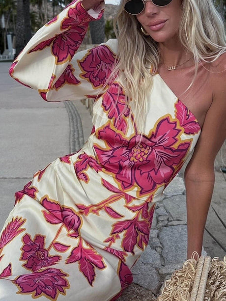 Aurohaya Unique Satin Floral Print One Shoulder Flared Maxi Dress