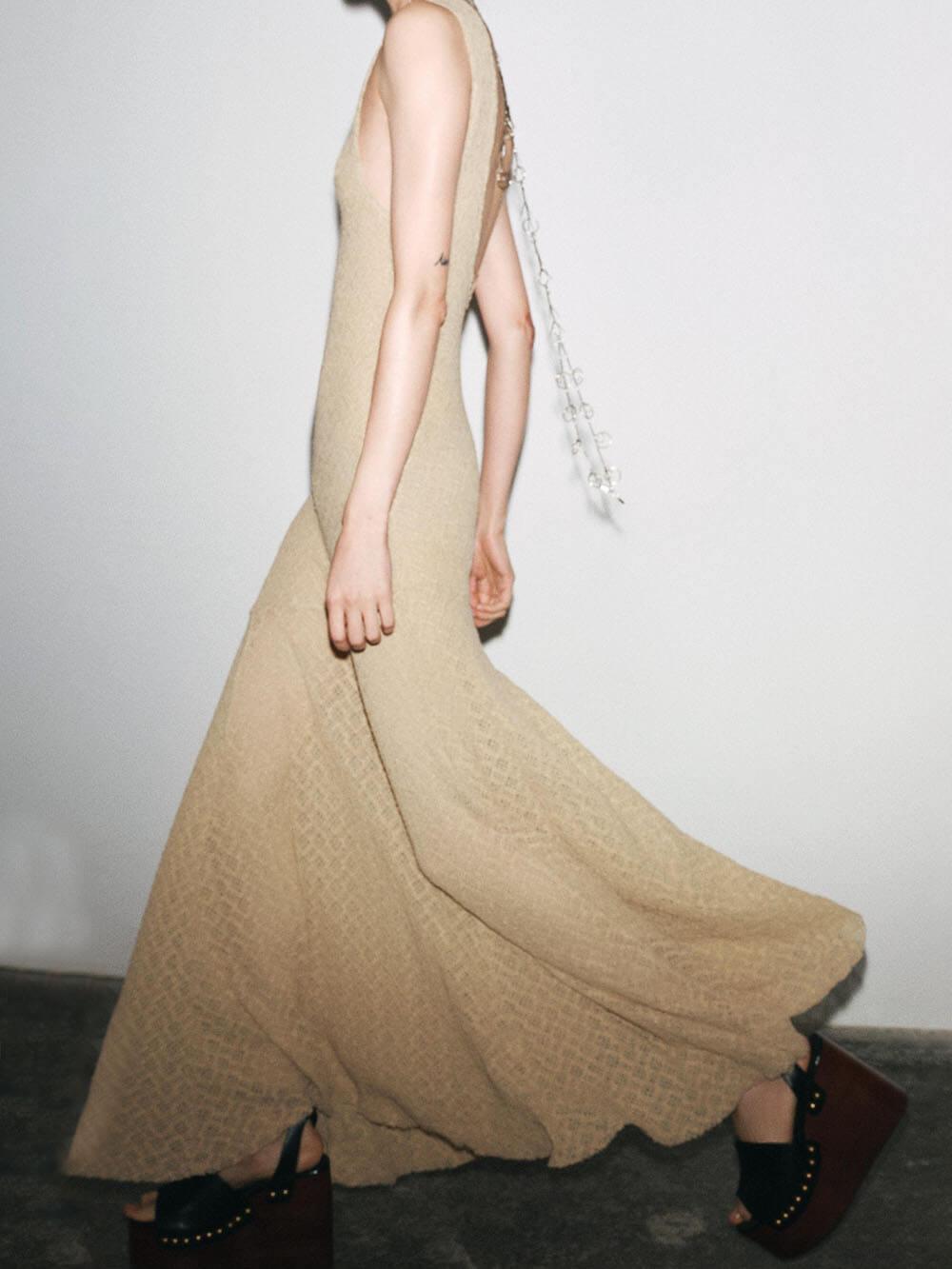 Aurohaya Elegant Lace Hook Open Back Asymmetric Hem Flared Waist Maxi Dress