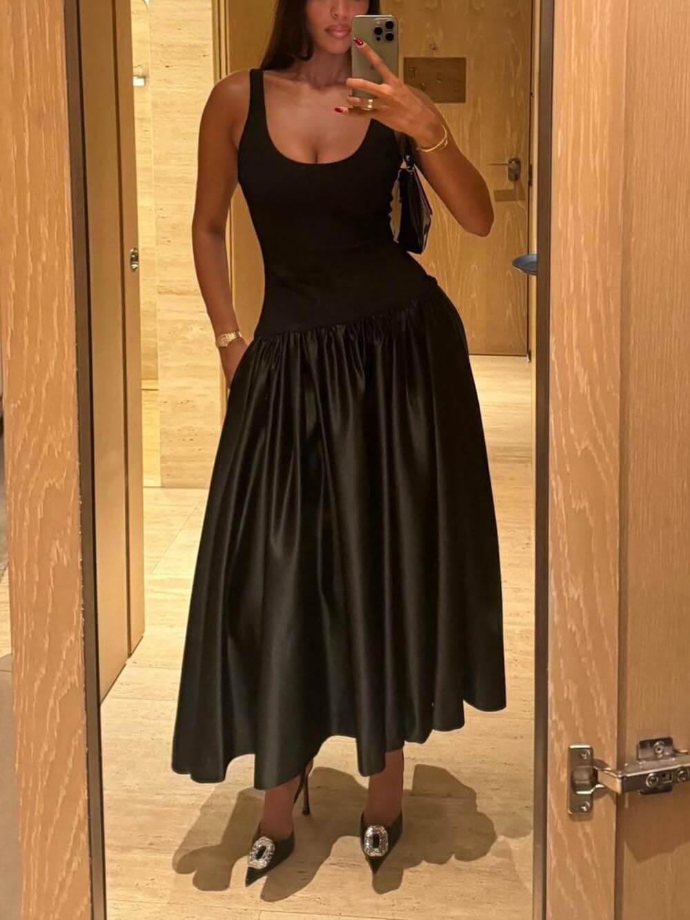 Aurohaya Simple And Fashionable Patchwork Vest Maxi Dress Black