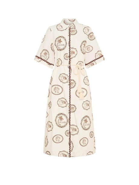 Aurohaya Modern Feel Linen Unique Ocean Print Cardigan Button Midi Dress