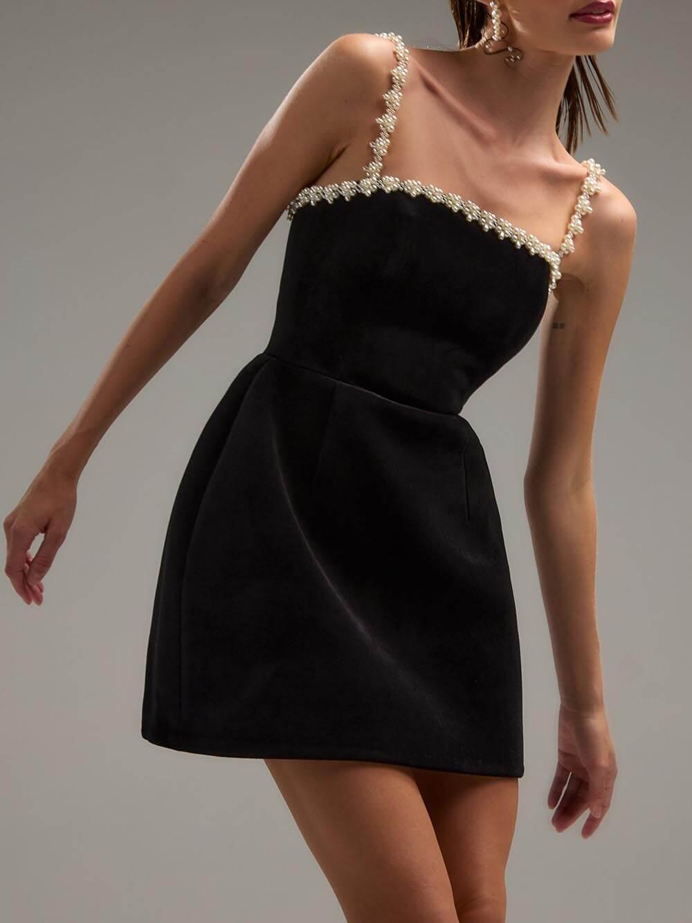 Aurohaya Classic Sweet Pearl Trim Straps Pocketed Tulip Style Mini Dress