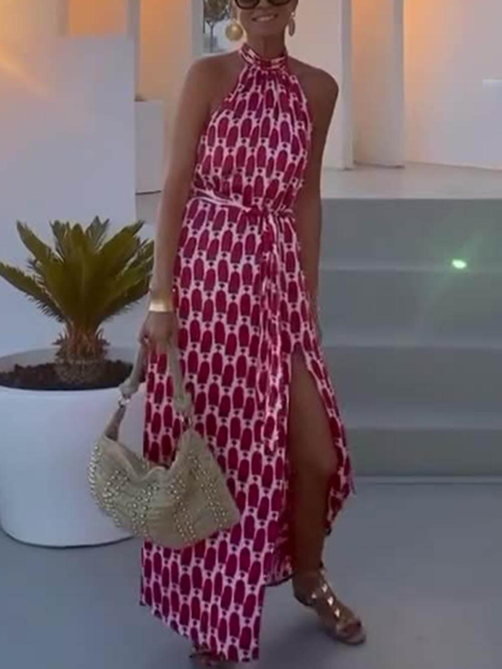 Aurohaya Sexy And Fashionable Printed Halter Neck Beach Slit Midi Dress