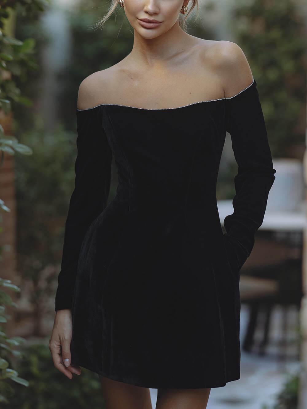 Aurohaya Exquisite Glitter Trim Off Shoulder Long Sleeve Pocketed Mini Dress