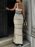 Exquisite Hollow Contrast Color French Suspenders Slim Hip-Hugging Maxi Dress