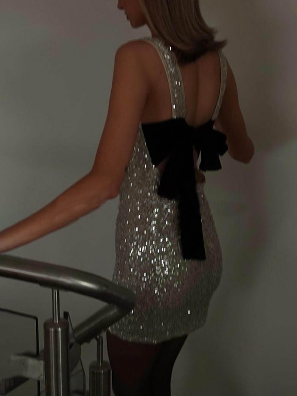 Aurohaya Sequin Back Velevt Bow Party Time Mini Dress
