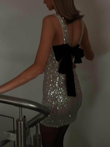 Aurohaya Sequin Back Velevt Bow Party Time Mini Dress