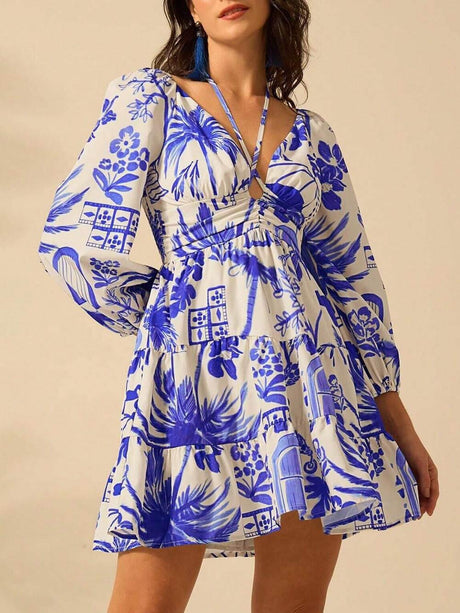 Aurohaya Fashionable And Versatile Flower Bouquet Print Lantern Sleeve Tie Dress