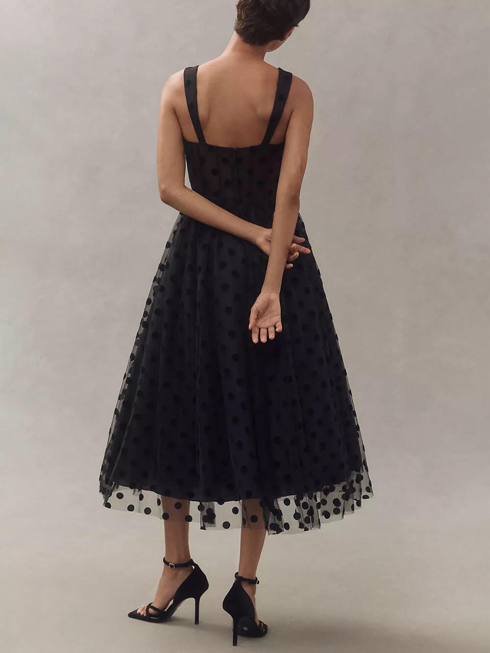Aurohaya Exquisite Perfect Tulle Polka Dot Sweetheart Bustier A-Line Midi Dress