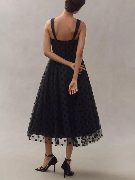 Aurohaya Exquisite Perfect Tulle Polka Dot Sweetheart Bustier A-Line Midi Dress