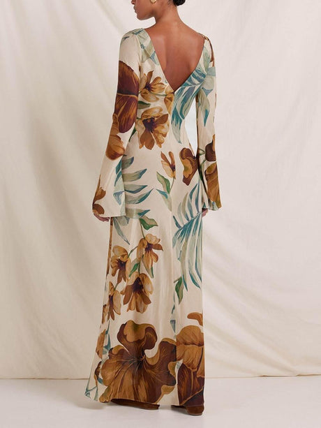 Aurohaya Simple Unique Plant Pattern Print Back Hollow Out Maxi Dress
