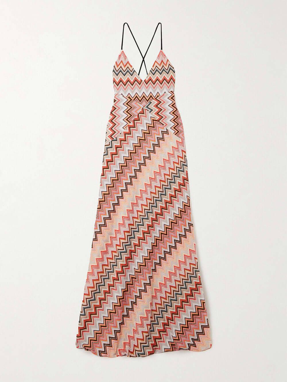 Aurohaya Elegant Crochet Printed Open Back Maxi Dress