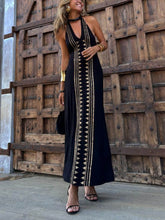 Aurohaya Unique Meret Gold Geometric Print Halter Backless Stretch Maxi Dress Black