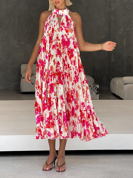 Aurohaya Delicate Floral Print Halter Neck Tie Hollow Pleated Midi Dress