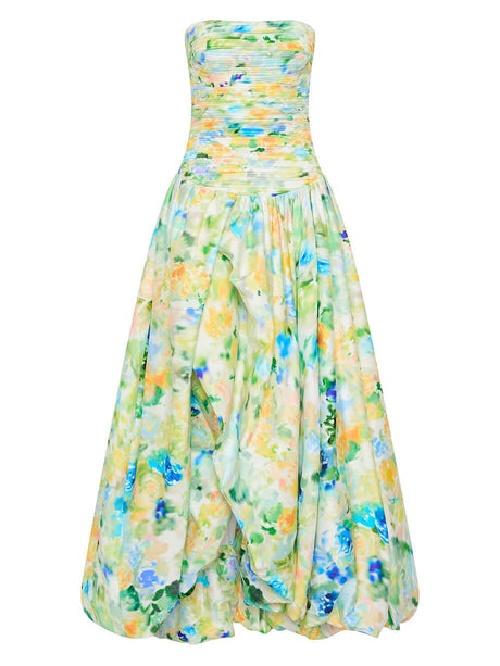 Aurohaya Elegant Tube Top Violette Printed Bubble Hem Maxi Dress