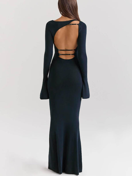 Aurohaya Elegant Midnight Blue Backless Fitted Maxi Dress