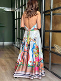 Elegance Unique Satin Print Back Tie-up Pocket Halter Maxi Dress