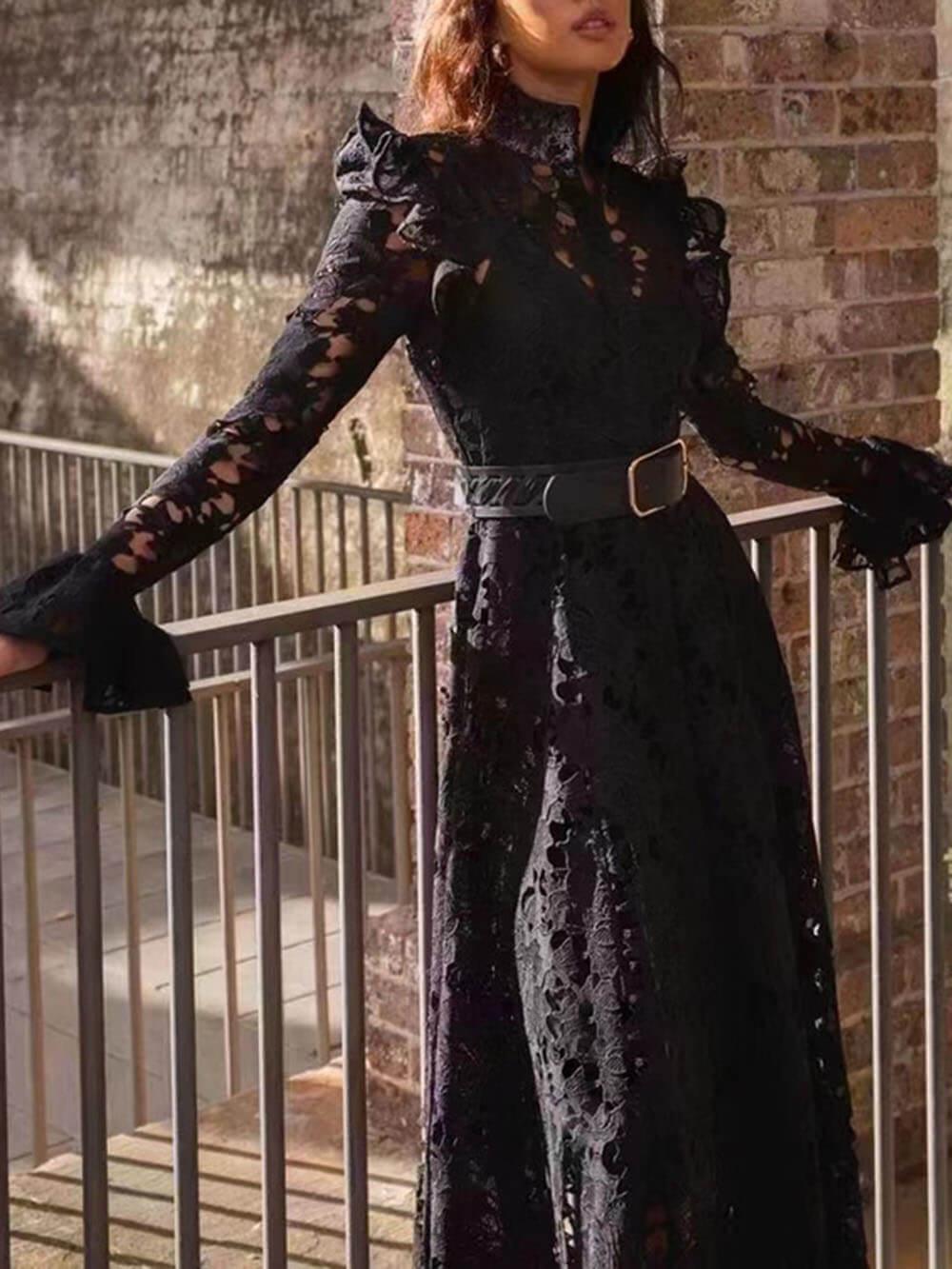 Aurohaya Elegant Hollow Lace Trumpet Sleeve Party Evening Gown Maxi Dress