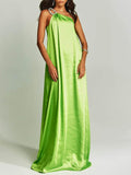 Aurohaya Exquisite Charming Glance Satin Metal Hardware One Shoulder Loose Maxi Dress