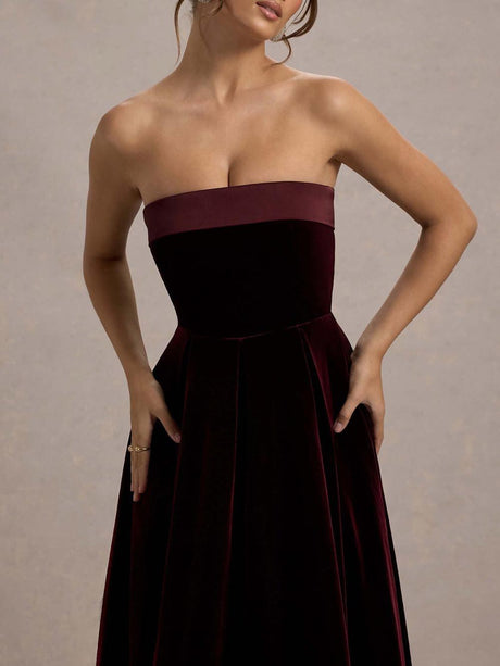 Aurohaya Elegant Center of Attention Velvet Satin Neck Bandeau Pleated Midi Dress