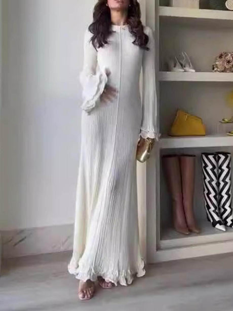 Aurohaya Elegant Trumpet Sleeves Rolled Hem Knitted Round Neck Maxi Dress