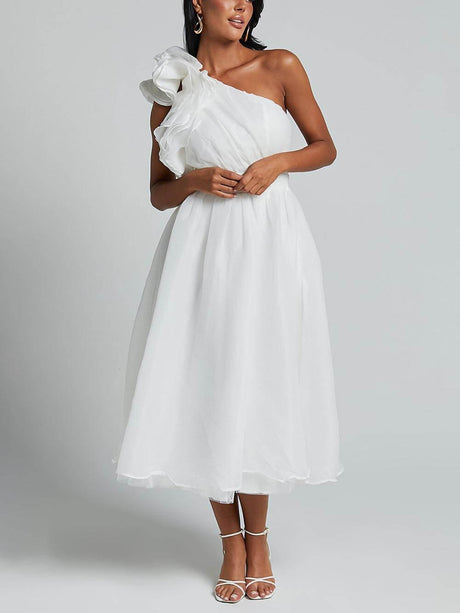 Aurohaya Unique Romantic Seaside One Shoulder Frill Detail Sleeve Layered Midi Dress