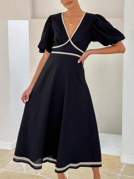 Aurohaya Elegant Patchwork Lace Puff Sleeve Waisted Maxi Dress Black