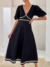 Aurohaya Elegant Patchwork Lace Puff Sleeve Waisted Maxi Dress Black