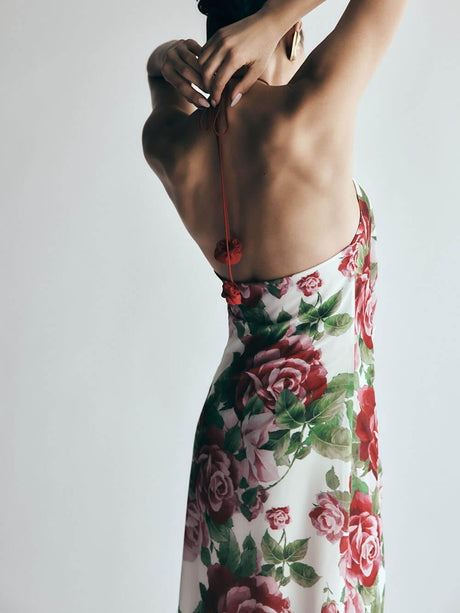 Aurohaya Romance Elegance Rose Printed Applique Cowl Neck Maxi Dress