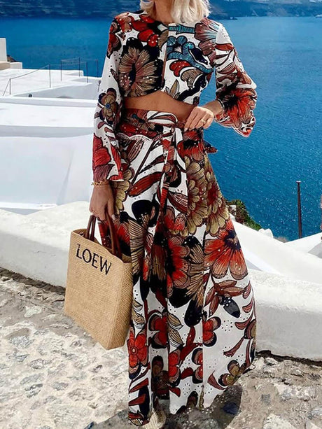 Aurohaya Unique Colorful Print Navel-Baring Lace-Up Maxi Dress Multicolors