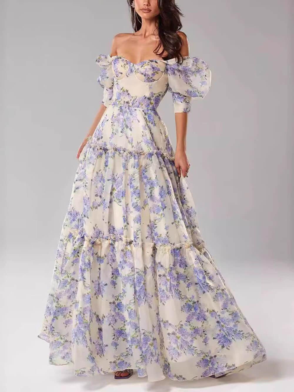 Aurohaya Elegant And Fashionable Off-Shoulder Printed Organza Evening Gown Maxi Dress Blue