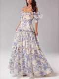 Aurohaya Elegant And Fashionable Off-Shoulder Printed Organza Evening Gown Maxi Dress Blue