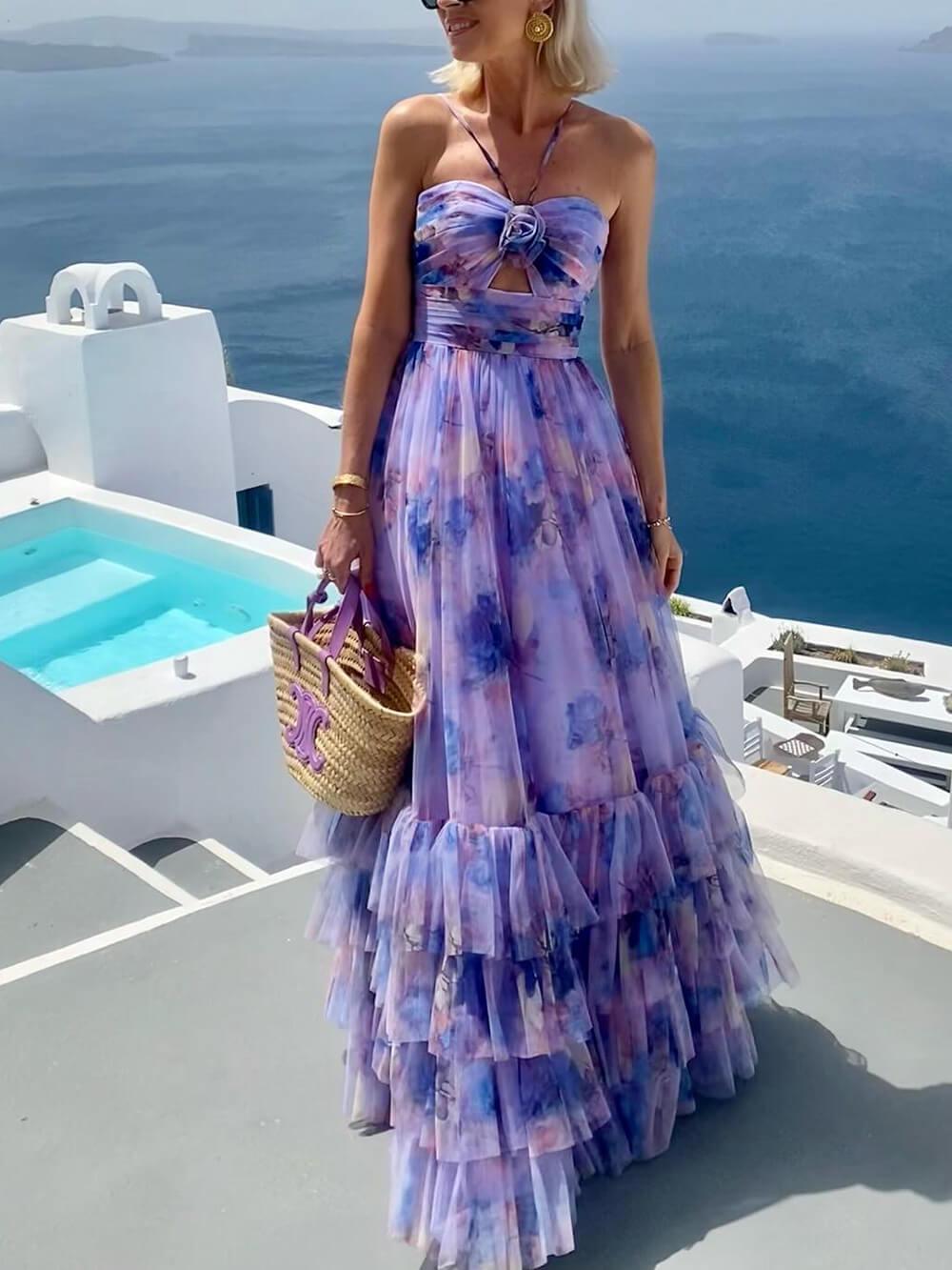 Aurohaya Elegant Floral Print Chiffon Layered Halter Maxi Dress