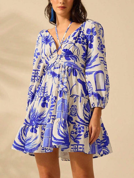 Aurohaya Fashionable And Versatile Flower Bouquet Print Lantern Sleeve Tie Dress
