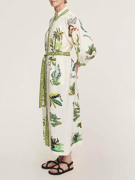 Aurohaya Unique Coconut Tree Print Day Dream Linen Shirtdress
