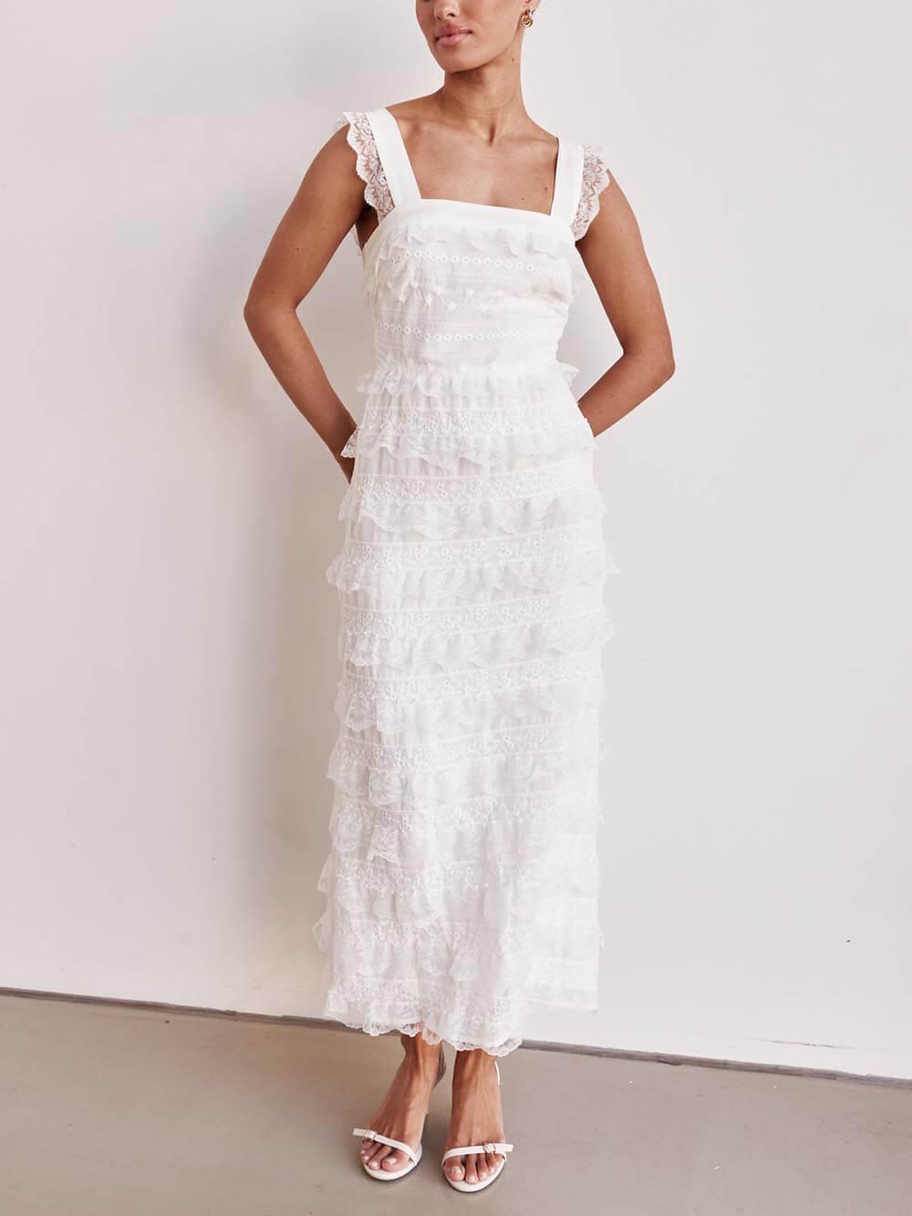 Aurohaya Delicate Layered Lace Detail A-Line Hem Maxi Dress