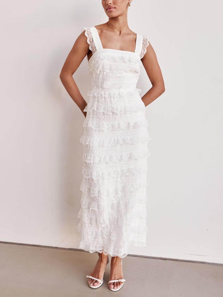 Aurohaya Delicate Layered Lace Detail A-Line Hem Maxi Dress