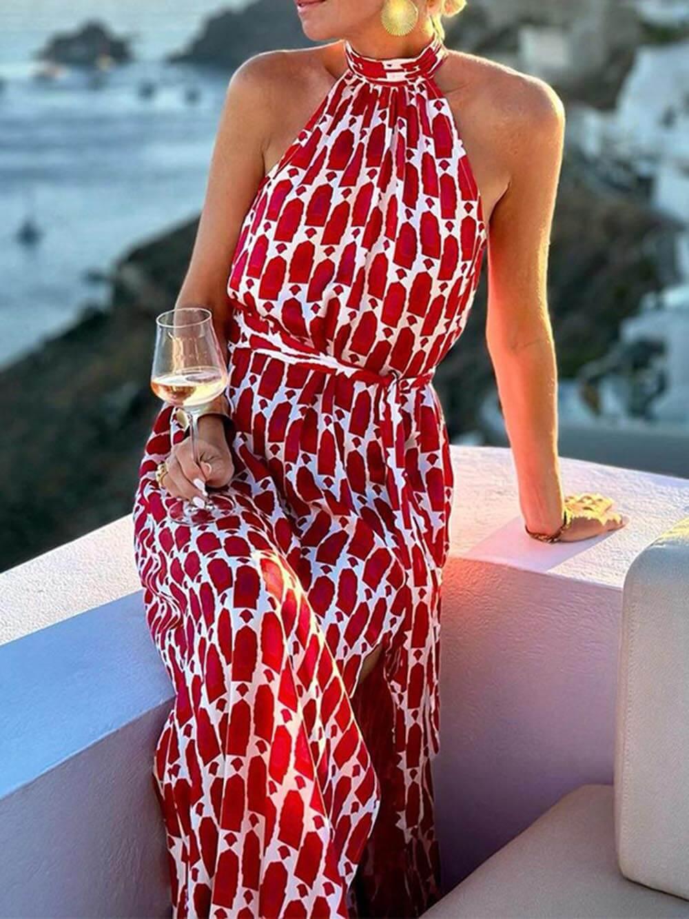 Aurohaya Sexy And Fashionable Printed Halter Neck Beach Slit Midi Dress
