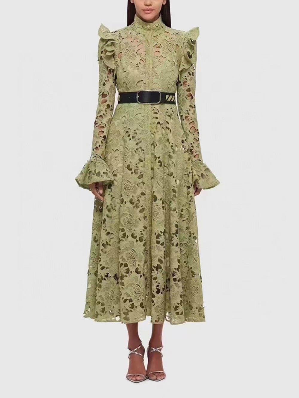 Aurohaya Elegant Hollow Lace Trumpet Sleeve Party Evening Gown Maxi Dress Olive Green