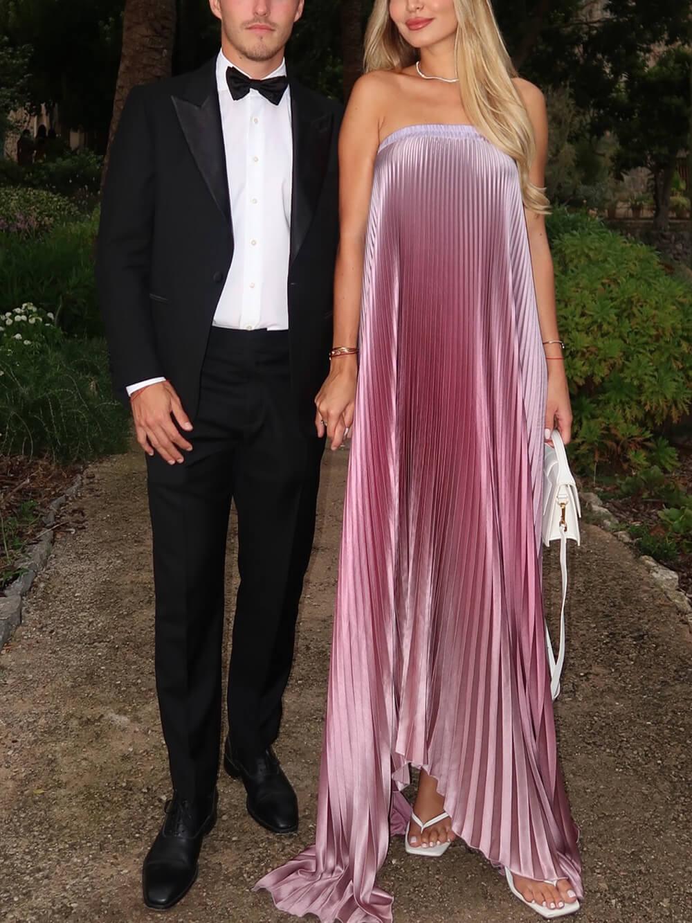 Aurohaya Exquisite Pleated Tube Top Irregular Hem Maxi Dress