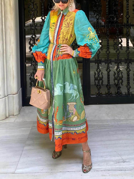 Aurohaya Unique Linen Ocean Animal Print Cardigan Belted Maxi Dress