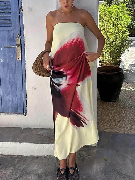 Aurohaya Elegant Floral Print Sexy Strapless Backless Maxi Dress