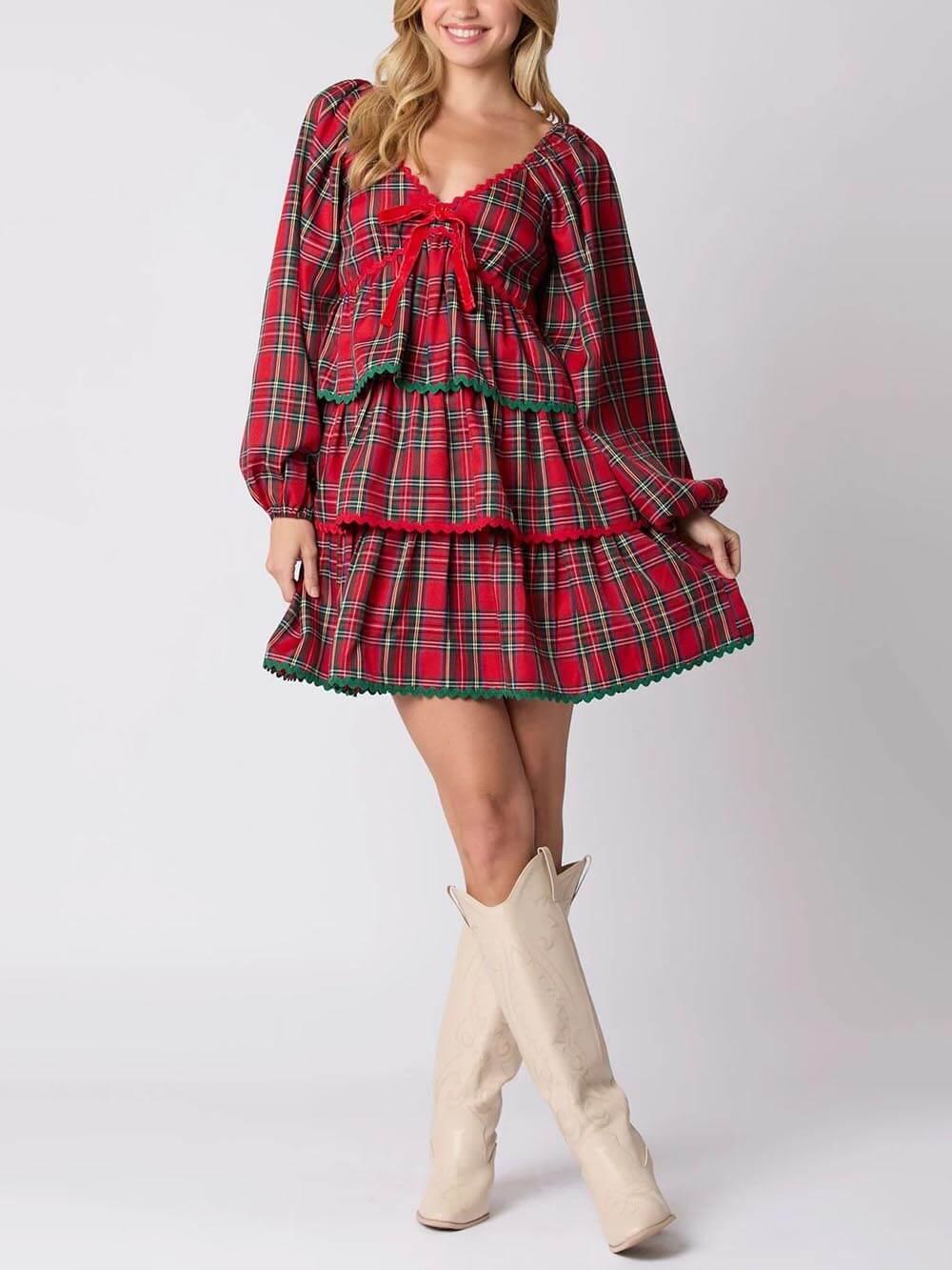 Aurohaya Christmas Plaid Long Sleeve Layered Dress