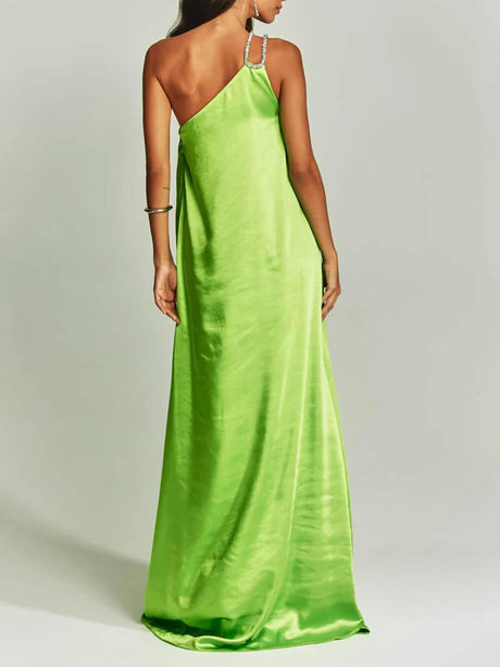 Aurohaya Exquisite Charming Glance Satin Metal Hardware One Shoulder Loose Maxi Dress