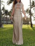 Romantic Date Elegant Pleated Chest Hollow Tie Slim Party Maxi Dress
