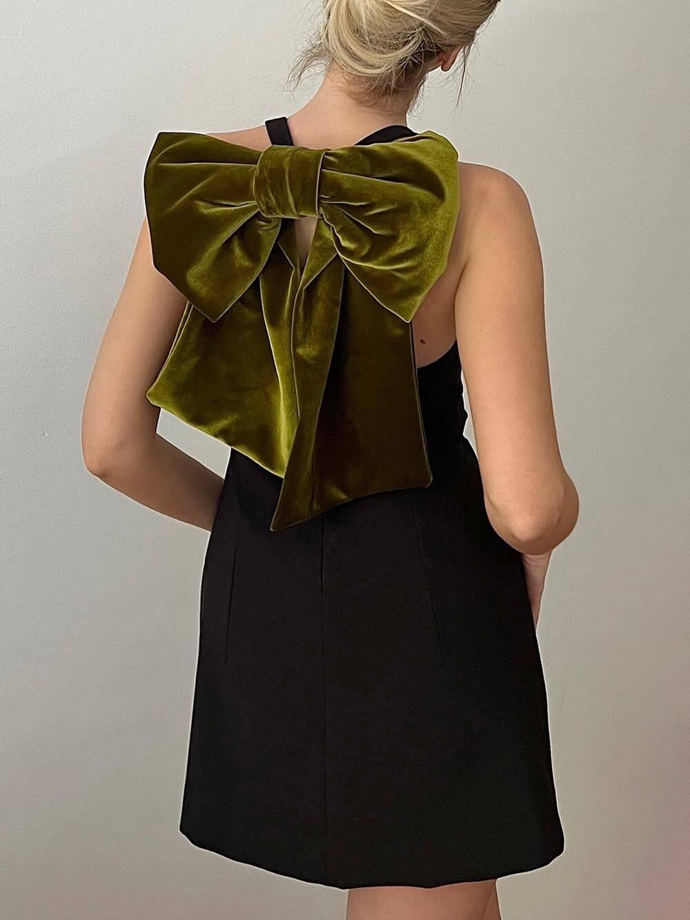 Aurohaya Elegant Sweet Party Contrast Back Velvet Bow Mini Dress