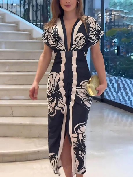 Aurohaya Unique Bella Contrast Color Unique Print Dolman Sleeve Ruched Slit Midi Dress