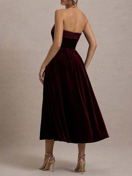 Aurohaya Elegant Center of Attention Velvet Satin Neck Bandeau Pleated Midi Dress