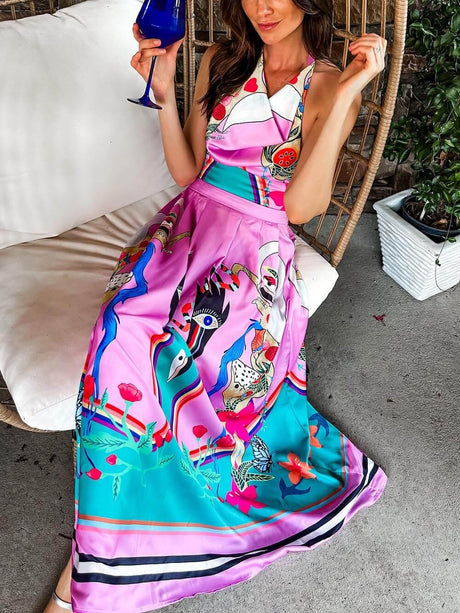 Aurohaya Elegance Unique Satin Print Back Tie-up Pocket Halter Maxi Dress