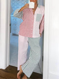 Unique Color-Block Stripe Print Pajama Set