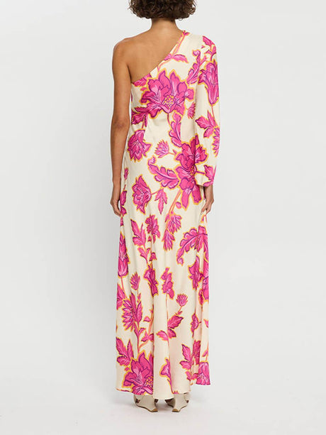 Aurohaya Unique Satin Floral Print One Shoulder Flared Maxi Dress
